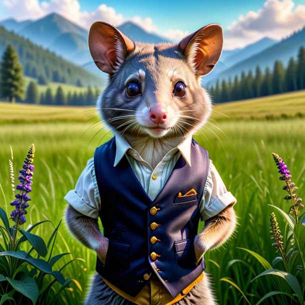 Pic d'un possum dans un gilet dans la prairie