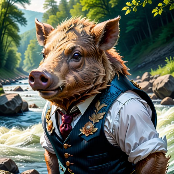 Drawing of a boar in a vest in the river