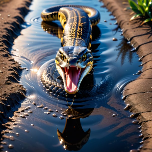 Image of a cobra in a jeans in the puddle