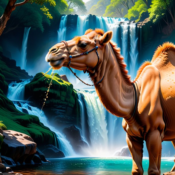 Image of a drinking of a camel in the waterfall