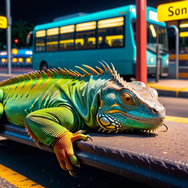 Image of a sleeping of a iguana on the bus stop