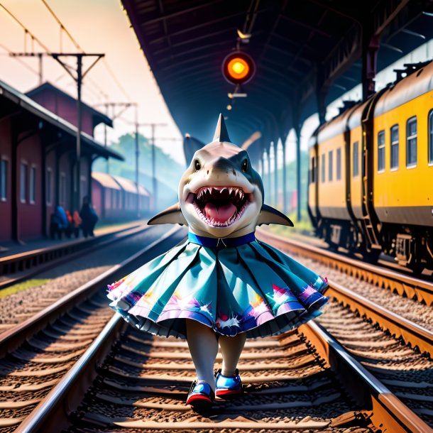 Image of a shark in a skirt on the railway tracks