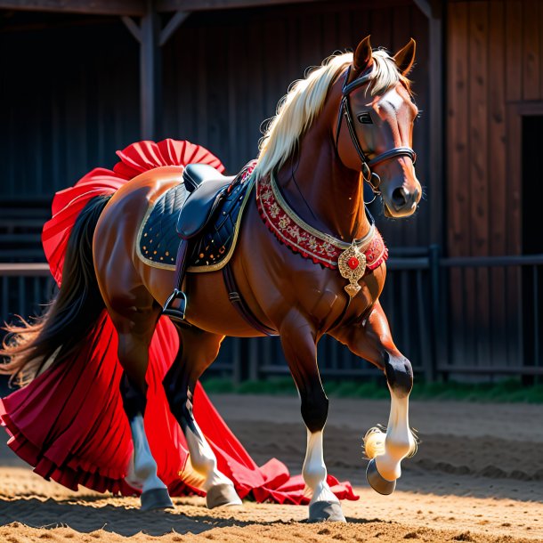 Foto de un caballo en una falda roja