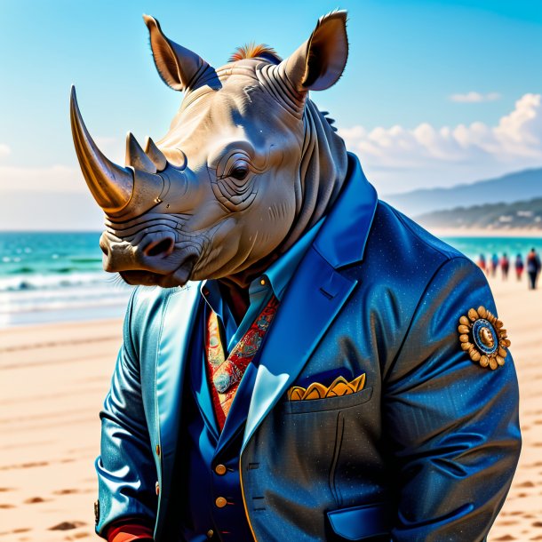 Pic d'un rhinocéros dans une veste sur la plage