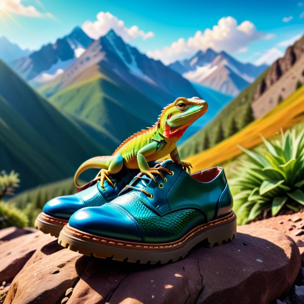 Image of a lizard in a shoes in the mountains