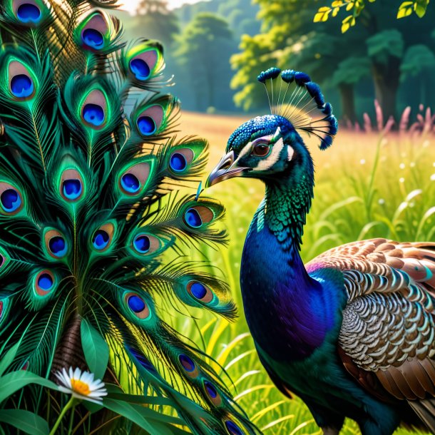 Photo of a drinking of a peacock in the meadow