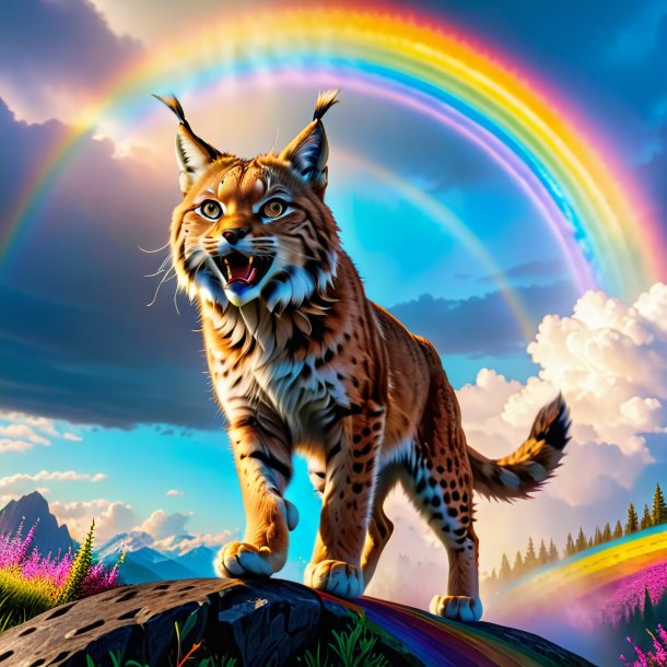 Photo of a jumping of a lynx on the rainbow