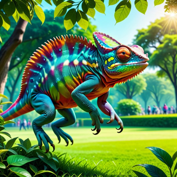 Pic of a jumping of a chameleon in the park