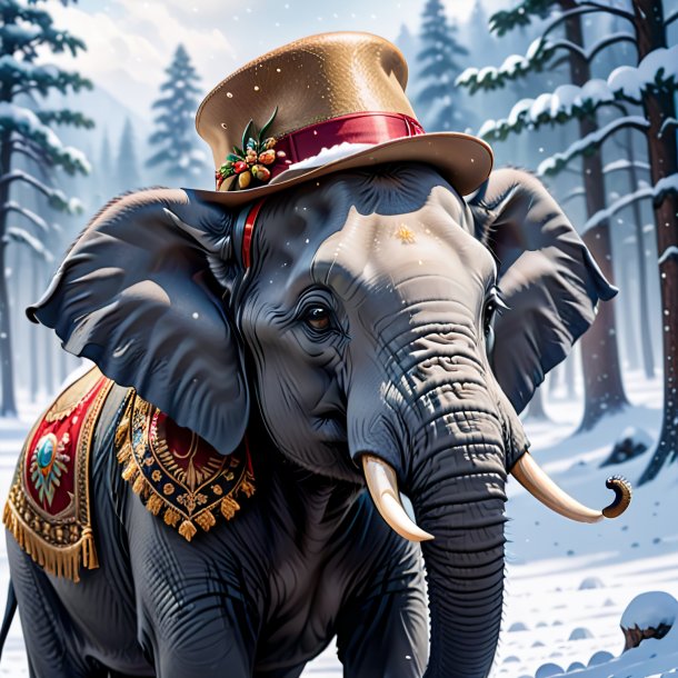 Image of a elephant in a hat in the snow