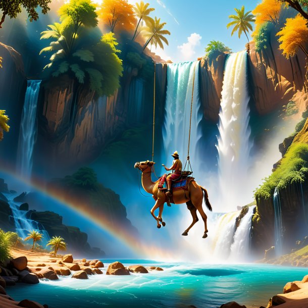 Picture of a swinging on a swing of a camel in the waterfall