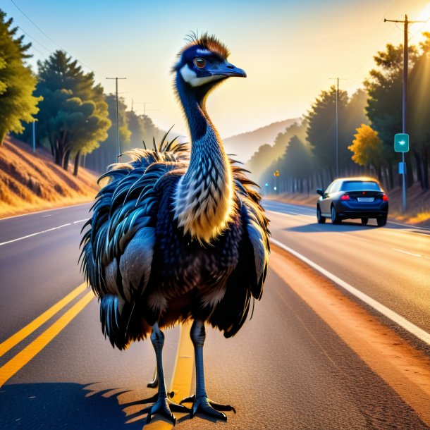 Picture of a emu in a coat on the road