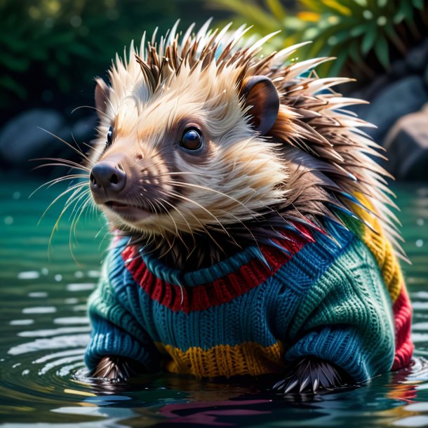 Pic of a porcupine in a sweater in the water