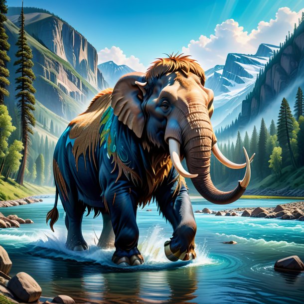 Illustration of a mammoth in a jeans in the river