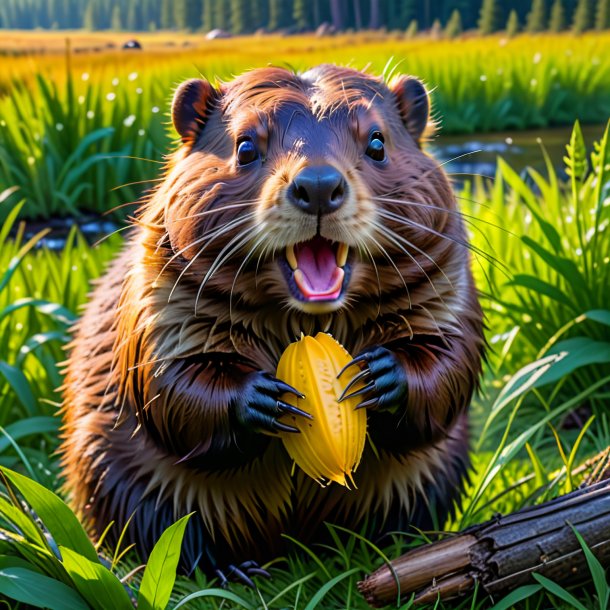 Image of a eating of a beaver in the meadow