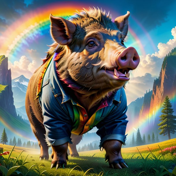 Image of a boar in a jeans on the rainbow