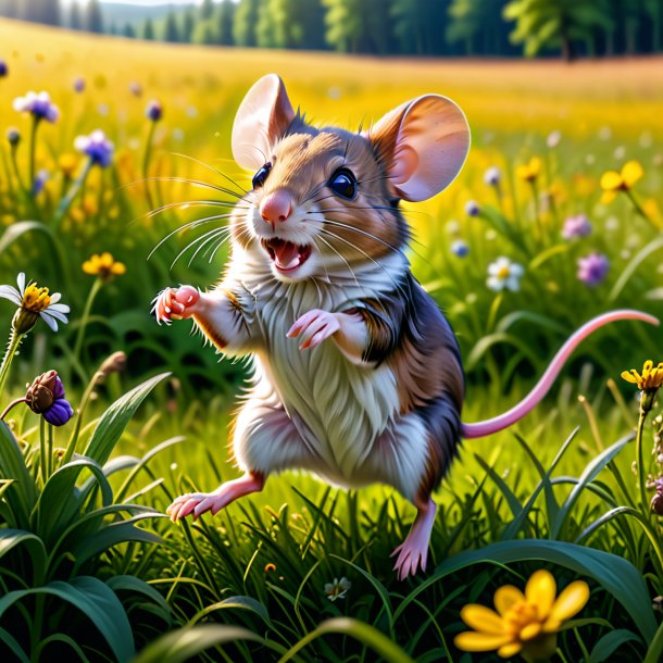 Pic d'une danse d'une souris dans la prairie