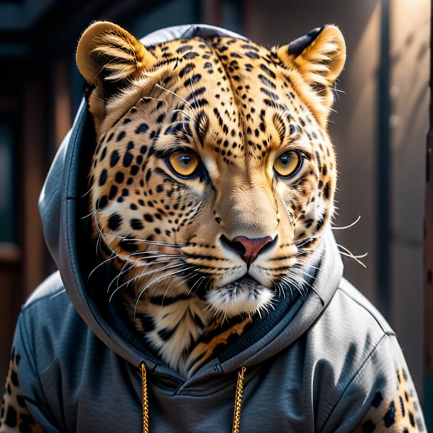 Pic of a leopard in a gray hoodie