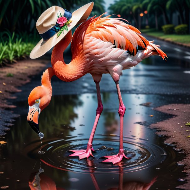 Image of a flamingo in a hat in the puddle