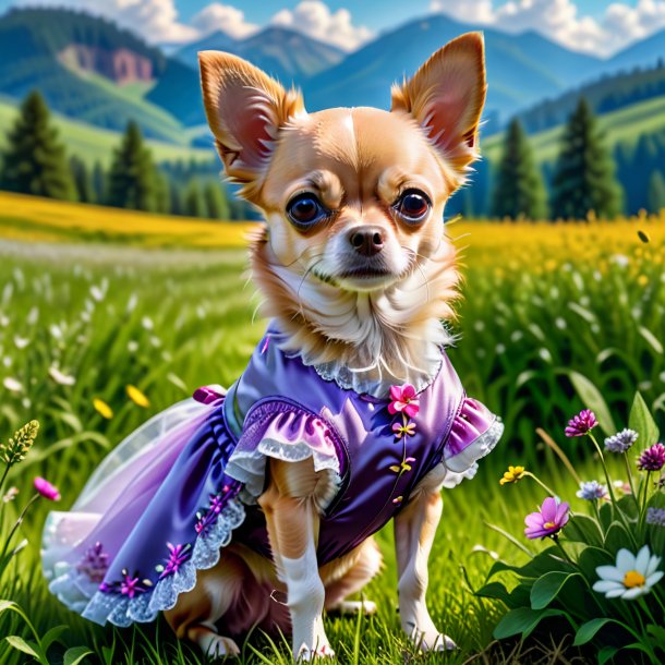 Photo of a chihuahua in a dress in the meadow