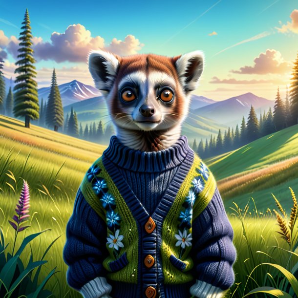 Drawing of a lemur in a sweater in the meadow