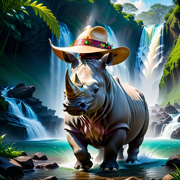 Picture of a rhinoceros in a hat in the waterfall