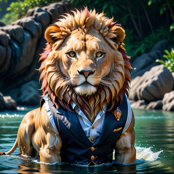 Picture of a lion in a vest in the water