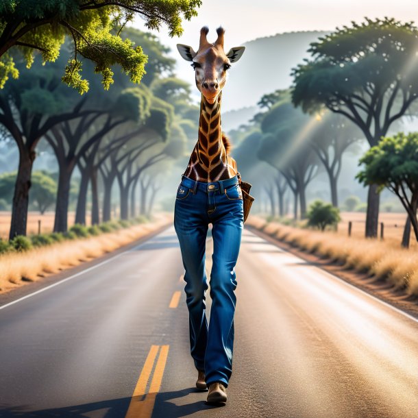 Foto de uma girafa em um jeans na estrada