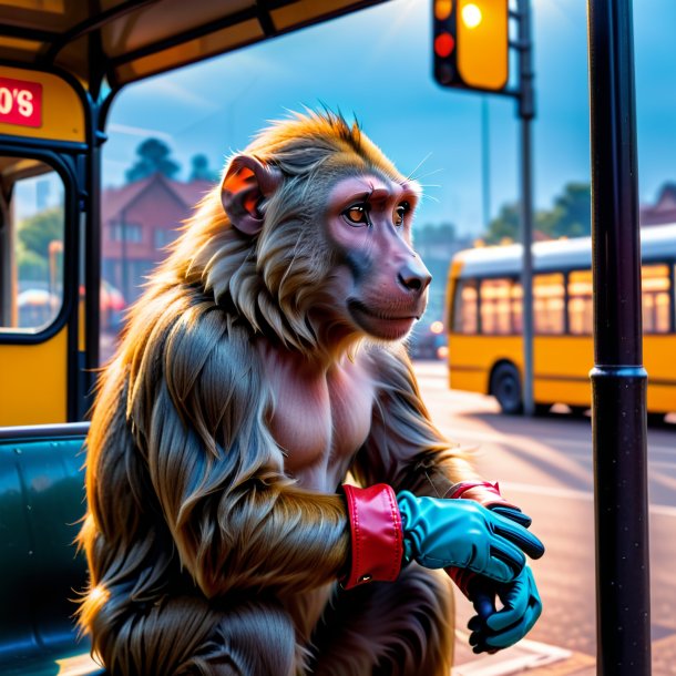 Foto de un babuino en guantes en la parada de autobús