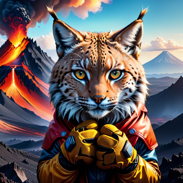 Illustration of a lynx in a gloves in the volcano