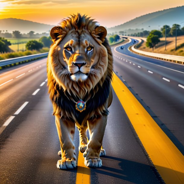 Pic of a lion in a belt on the highway