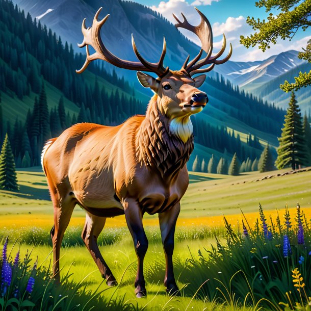 Photo of a elk in a dress in the meadow