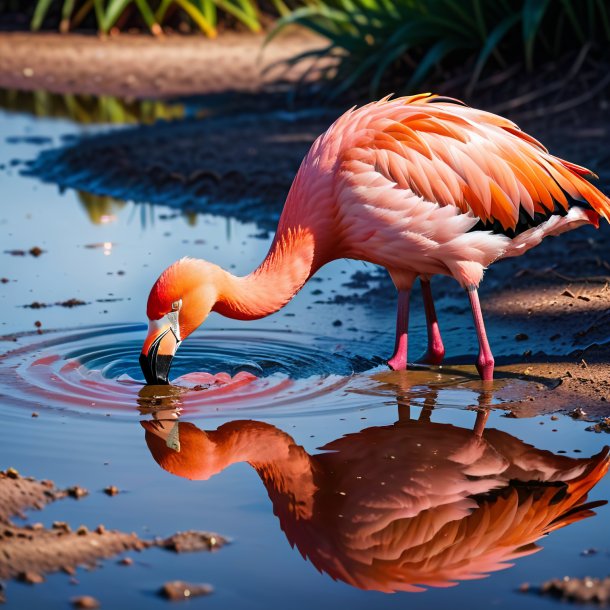 Imagem de um sono de um flamingo na poça