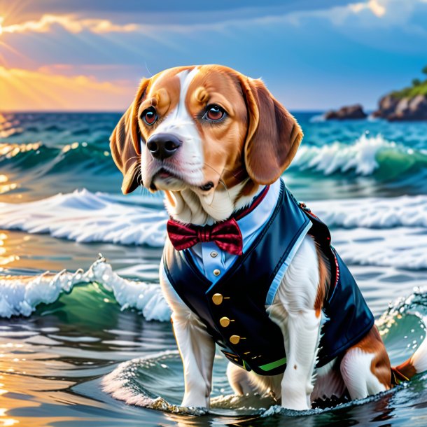 Foto de um beagle em um colete no mar