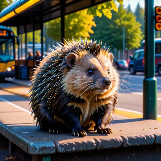 Imagem de uma espera de um porco-espinho na parada de ônibus