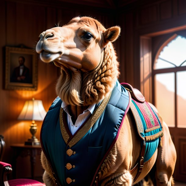 Photo of a camel in a vest in the house