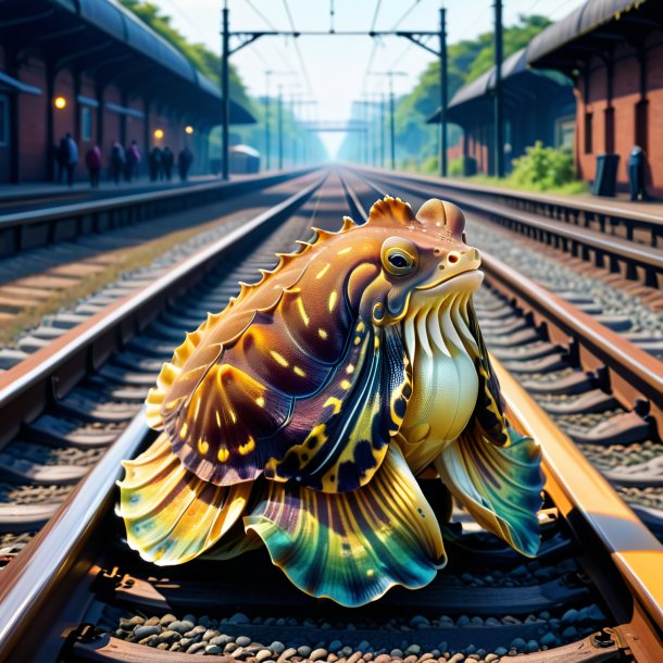 Illustration of a cuttlefish in a vest on the railway tracks