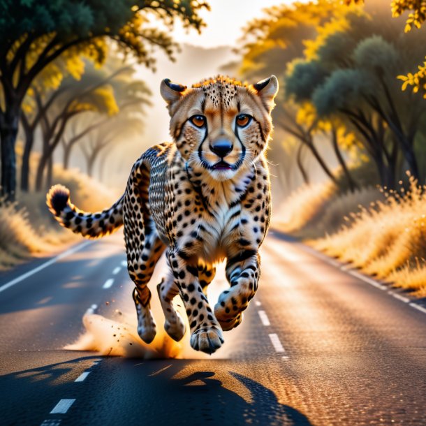 Picture of a jumping of a cheetah on the road