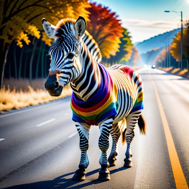 Foto de uma zebra em um suéter na estrada