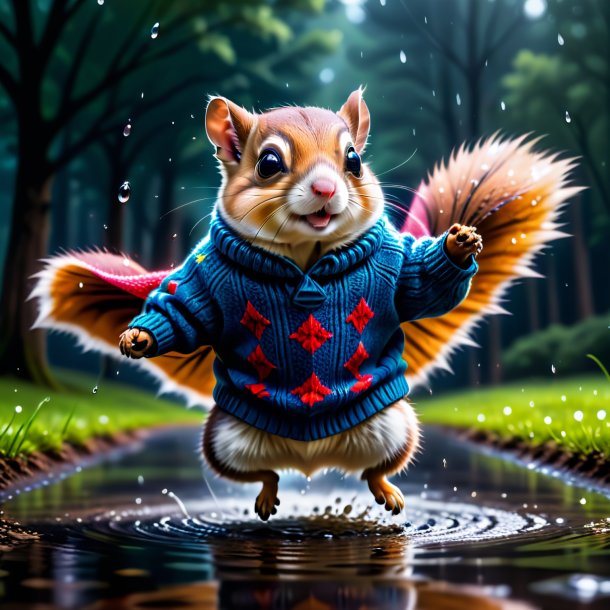 Picture of a flying squirrel in a sweater in the puddle