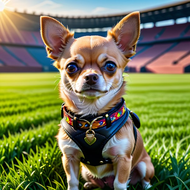 Foto de um chihuahua em um cinto no campo