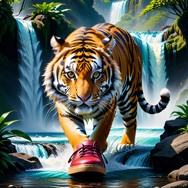 Photo of a tiger in a shoes in the waterfall