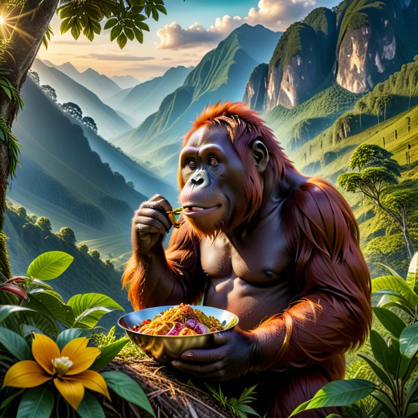 Foto de una comida de un orangután en las montañas