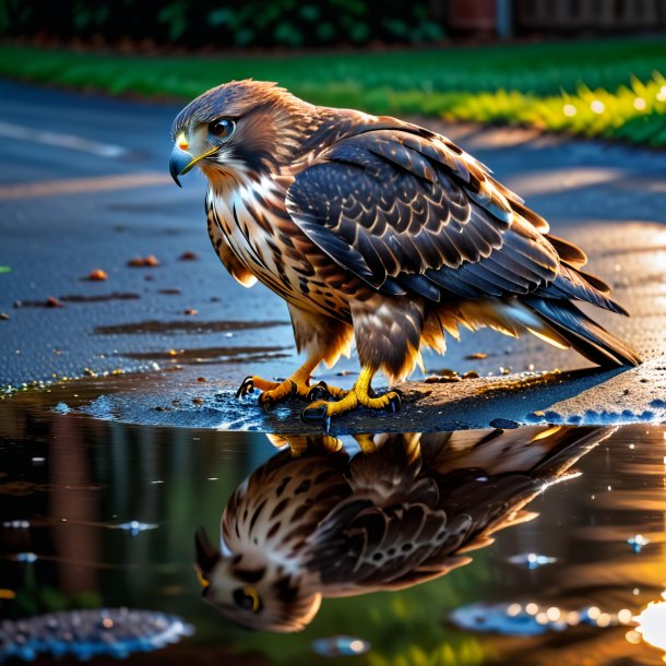 Pic of a resting of a hawk in the puddle