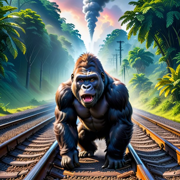 Picture of a crying of a gorilla on the railway tracks