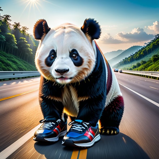 Foto de un panda gigante en zapatos en la carretera