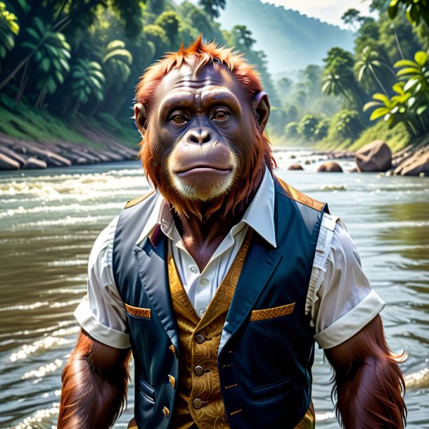 Picture of a orangutan in a vest in the river