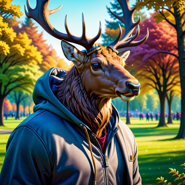 Ilustração de um alce em um hoodie no parque