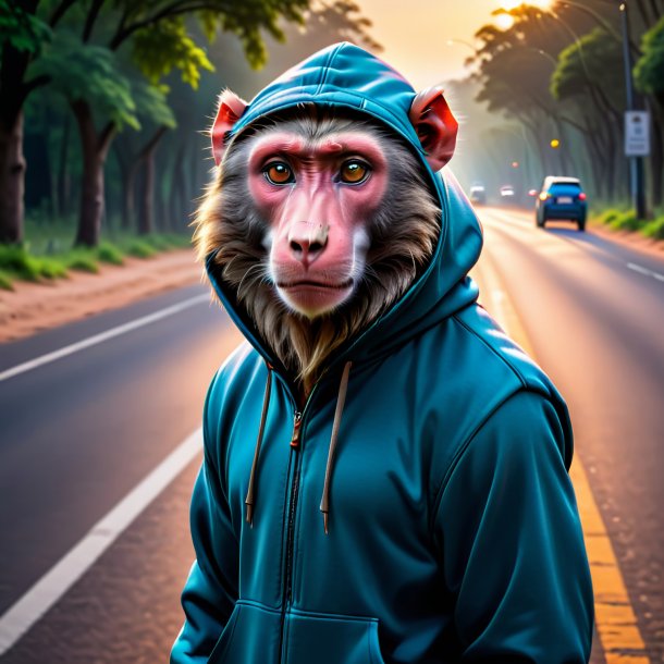 Photo of a baboon in a hoodie on the road