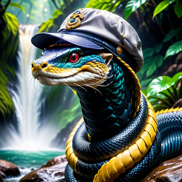 Photo of a king cobra in a cap in the waterfall