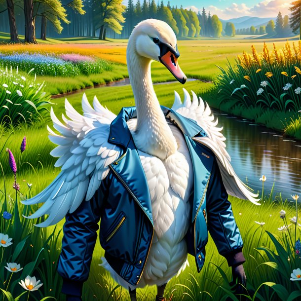 Drawing of a swan in a jacket in the meadow